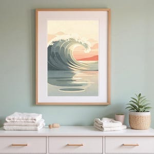 Ocean Wave Art Print framed in a home office setting