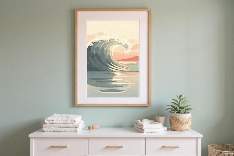 Ocean Wave Art Print framed in a home office setting
