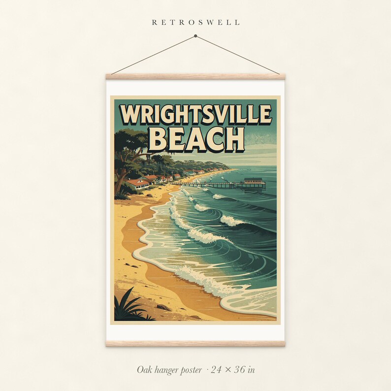 Wrightsville Beach Surf oak hanger poster, 24 by 36 inches, with natural wood rails and a hanging cord.