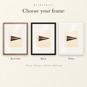 Frame options for St. Augustine Surf Pennant: Red Oak, black and white wood frames, each with a white mat.