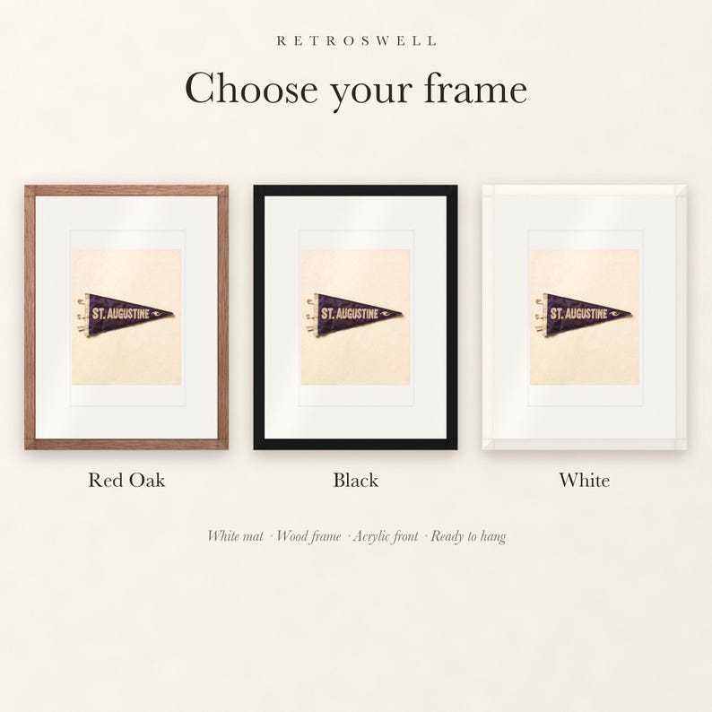 Frame options for St. Augustine Surf Pennant: Red Oak, black and white wood frames, each with a white mat.