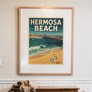 Hermosa Beach Surf Travel Poster print in a Red Oak frame with a white mat, hanging above the console in a hallway.