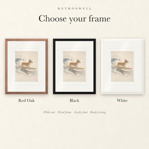 Frame options for Corgi Surfing: Red Oak, black and white wood frames, each with a white mat.