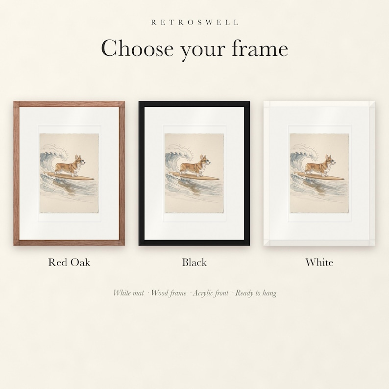 Frame options for Corgi Surfing: Red Oak, black and white wood frames, each with a white mat.