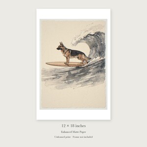 German Shepherd Surfing unframed 12 by 18 inch print on enhanced matte paper, shown with its white paper border.