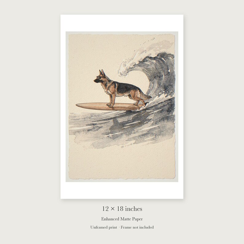 German Shepherd Surfing unframed 12 by 18 inch print on enhanced matte paper, shown with its white paper border.