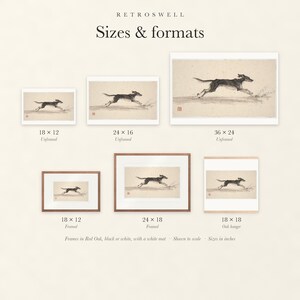 Sizes and formats for Dog Running on the Beach Xieyi Ink, shown to scale: unframed prints, framed prints and the oak hanger.