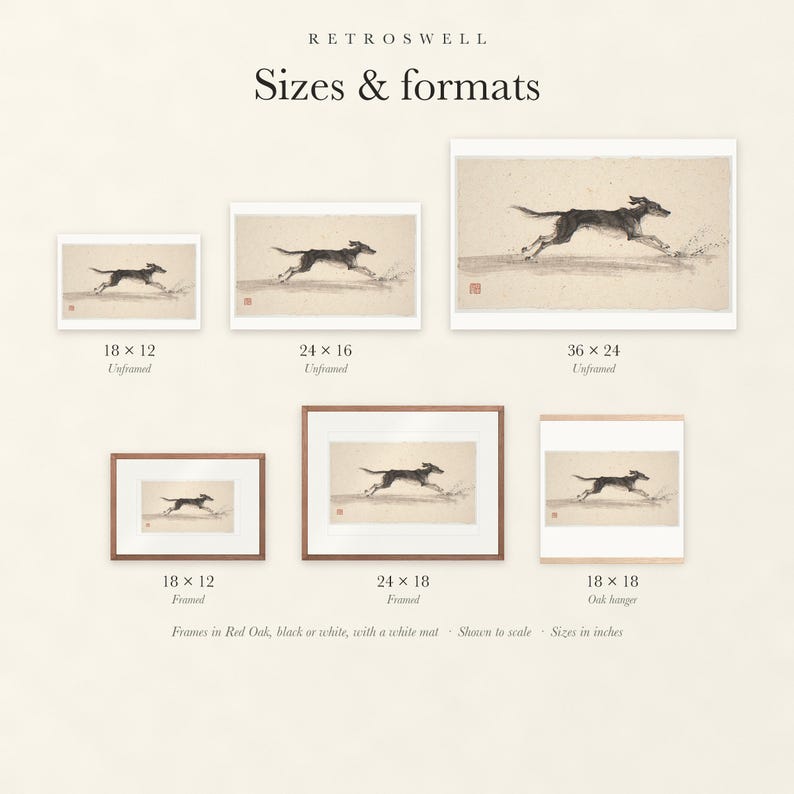 Sizes and formats for Dog Running on the Beach Xieyi Ink, shown to scale: unframed prints, framed prints and the oak hanger.