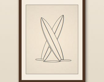Crossed Surfboards Line Art | Boho Minimalist Surf Print | Coastal Beach House Wall Decor | Single Line Surf Art