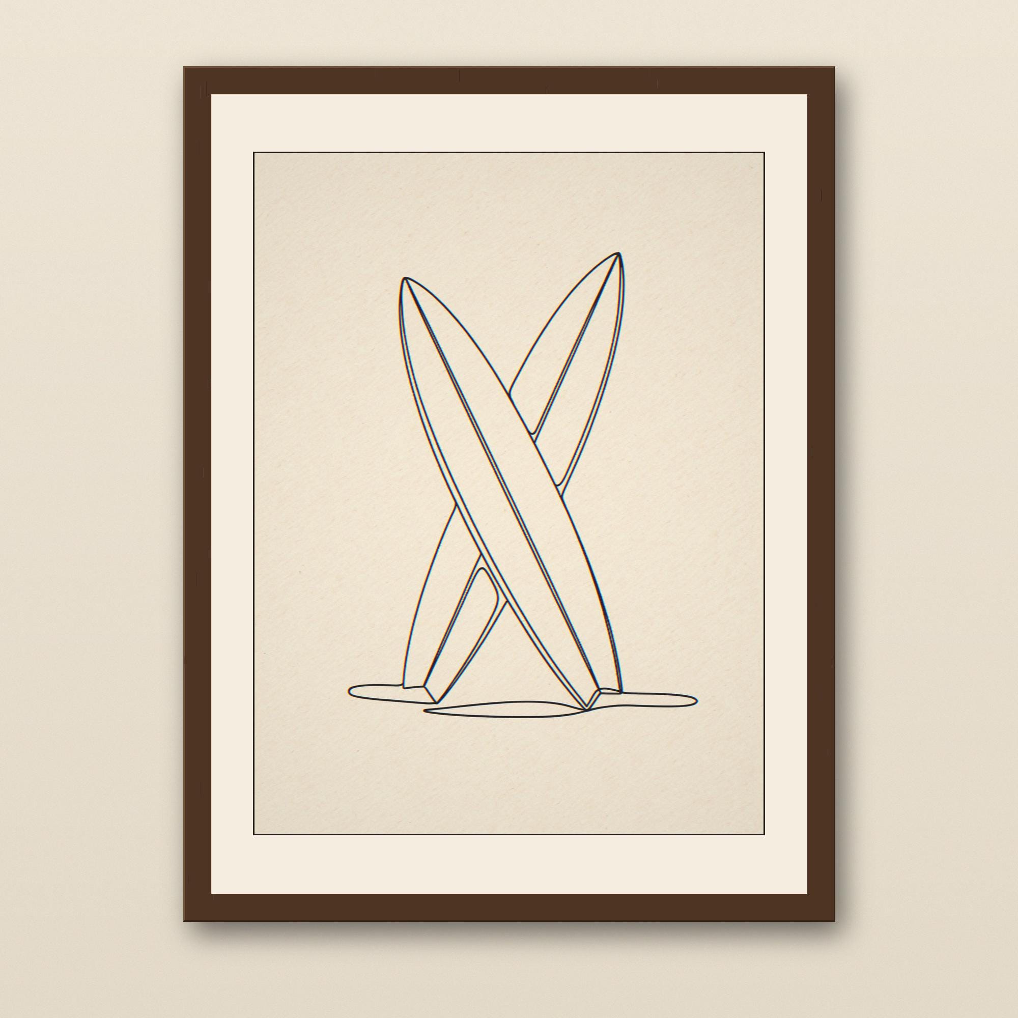 Boho Crossed Surfboards Line Art - walnut framed art print with cream mat on plaster wall