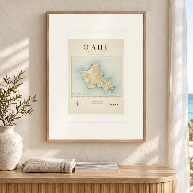 Oahu Surf Map Art Print, Framed or Unframed Vintage Hawaii Surf Breaks Poster image 12