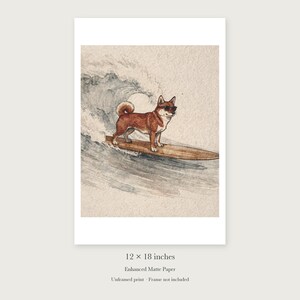 Shiba Inu Surfing unframed 12 by 18 inch print on enhanced matte paper, shown with its white paper border.