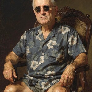 Franklin D. Roosevelt surfer portrait, full artwork: classical oil-painting style, sunglasses and a Hawaiian shirt.