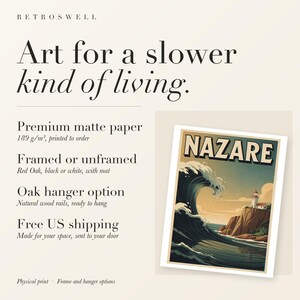 RetroSwell print details for Nazare Surf: premium 189 g/m² matte paper, framed or unframed, oak hanger option, free US shipping.