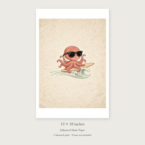 Surfing Octopus unframed 12 by 18 inch print on enhanced matte paper, shown with its white paper border.