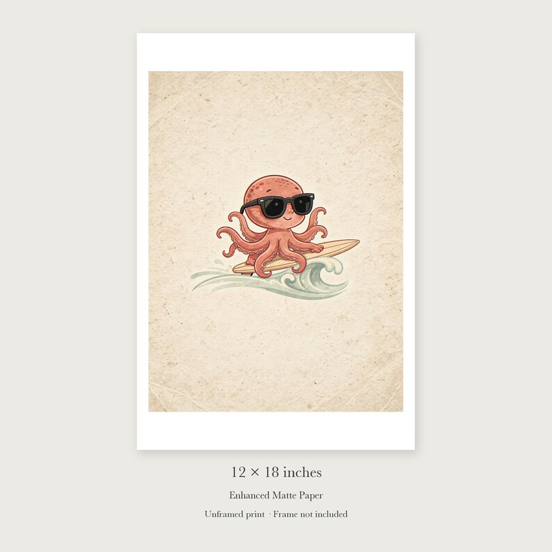 Surfing Octopus unframed 12 by 18 inch print on enhanced matte paper, shown with its white paper border.