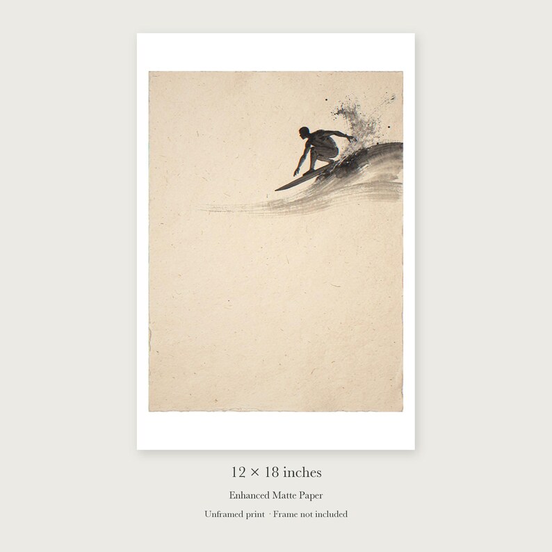 Surfer Cutback Ink Style unframed 12 by 18 inch print on enhanced matte paper, shown with its white paper border.