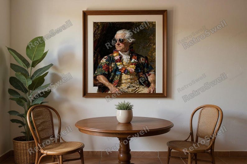 John Adams Surf Art Print framed in a coastal dining room setting