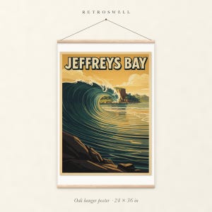 Jeffreys Bay Surf oak hanger poster, 24 by 36 inches, with natural wood rails and a hanging cord.