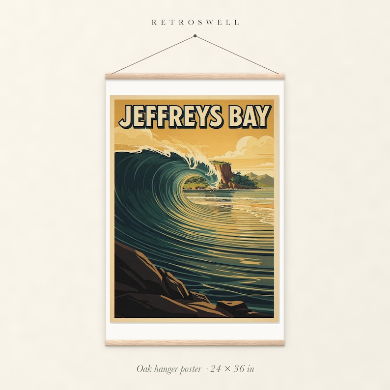Jeffreys Bay Surf oak hanger poster, 24 by 36 inches, with natural wood rails and a hanging cord.