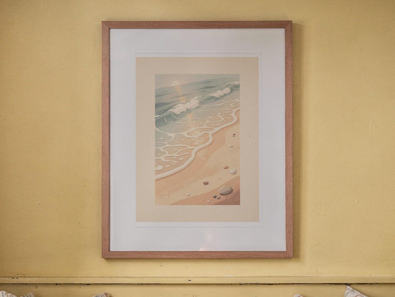 Ocean Waves print in a Red Oak frame with a white mat, hanging above the bench in a breakfast nook.