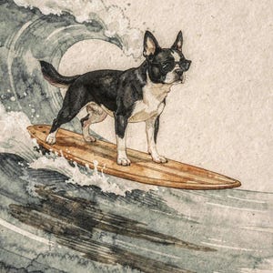 Boston Terrier surfing art, full artwork: watercolor and ink dog in sunglasses on a wooden longboard riding a curling wave.