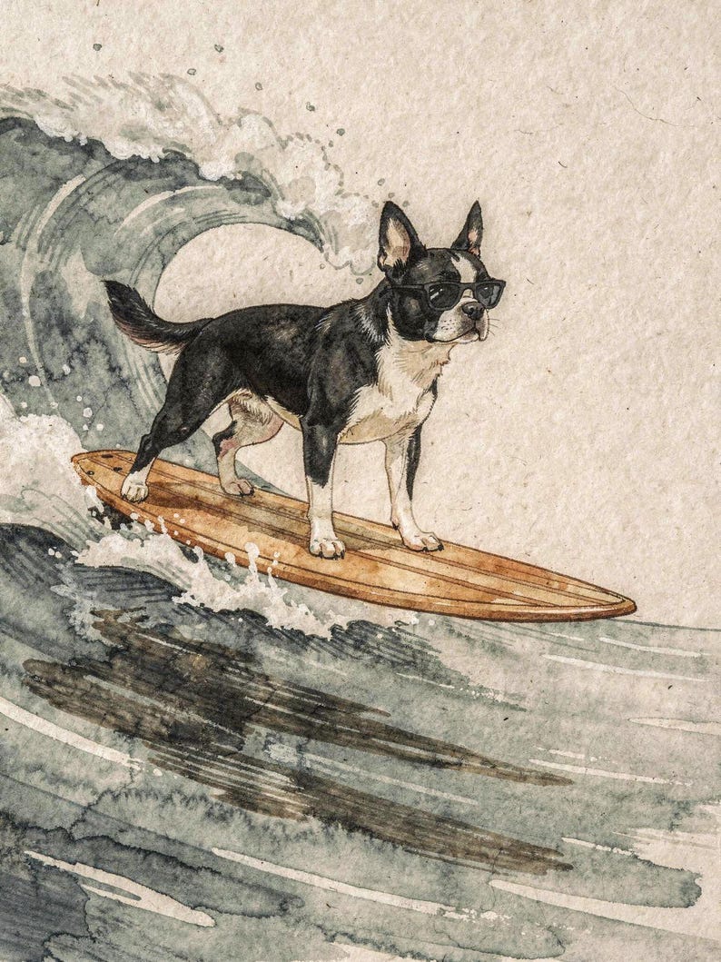 Boston Terrier surfing art, full artwork: watercolor and ink dog in sunglasses on a wooden longboard riding a curling wave.