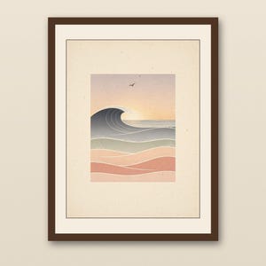 Ocean Waves Nursery Art - walnut framed art print with cream mat on plaster wall