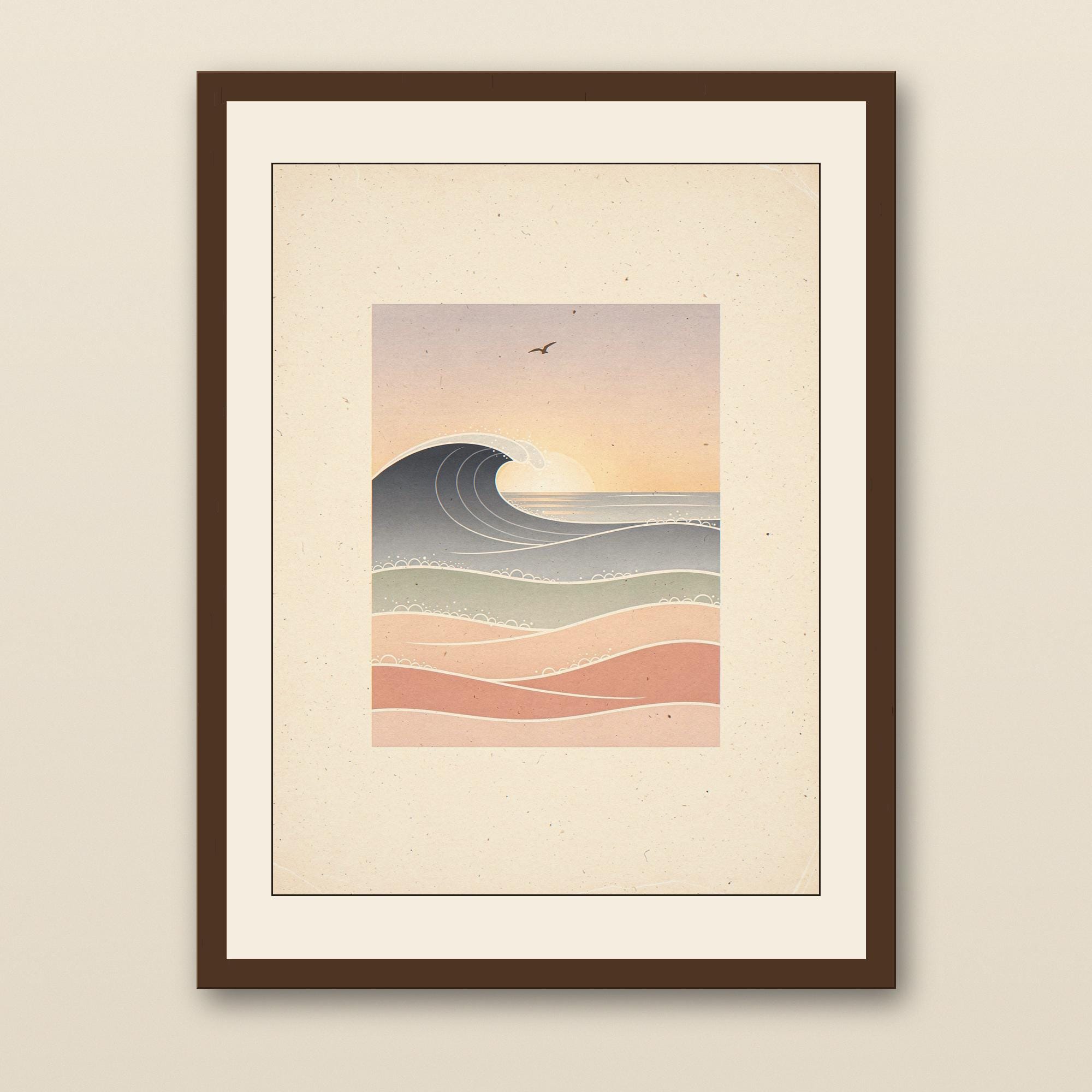Ocean Waves Nursery Art - walnut framed art print with cream mat on plaster wall