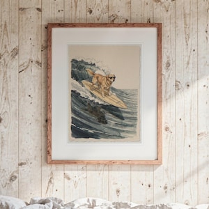 May include: A framed art print featuring a golden-colored dog wearing dark sunglasses while standing on a surfboard riding a large ocean wave. The illustration is rendered in a detailed style with blue and white water tones, set within a wooden frame.