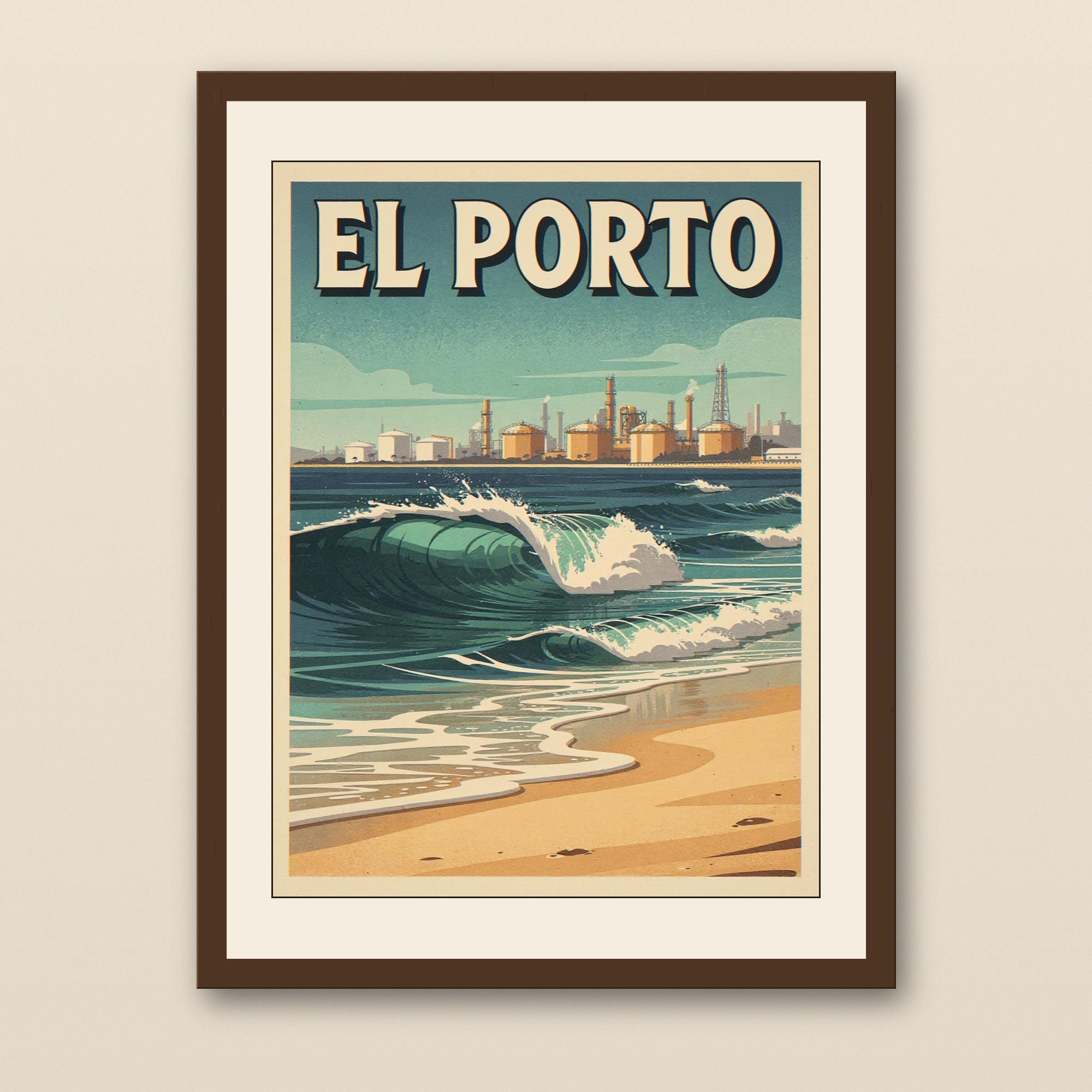 El Porto Manhattan Beach Poster - walnut framed art print with cream mat on plaster wall