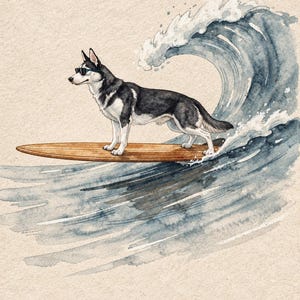 Full approved Husky surfing artwork in muted blue-gray watercolor style, shown without a room setting. Paper margins depend on chosen print size.