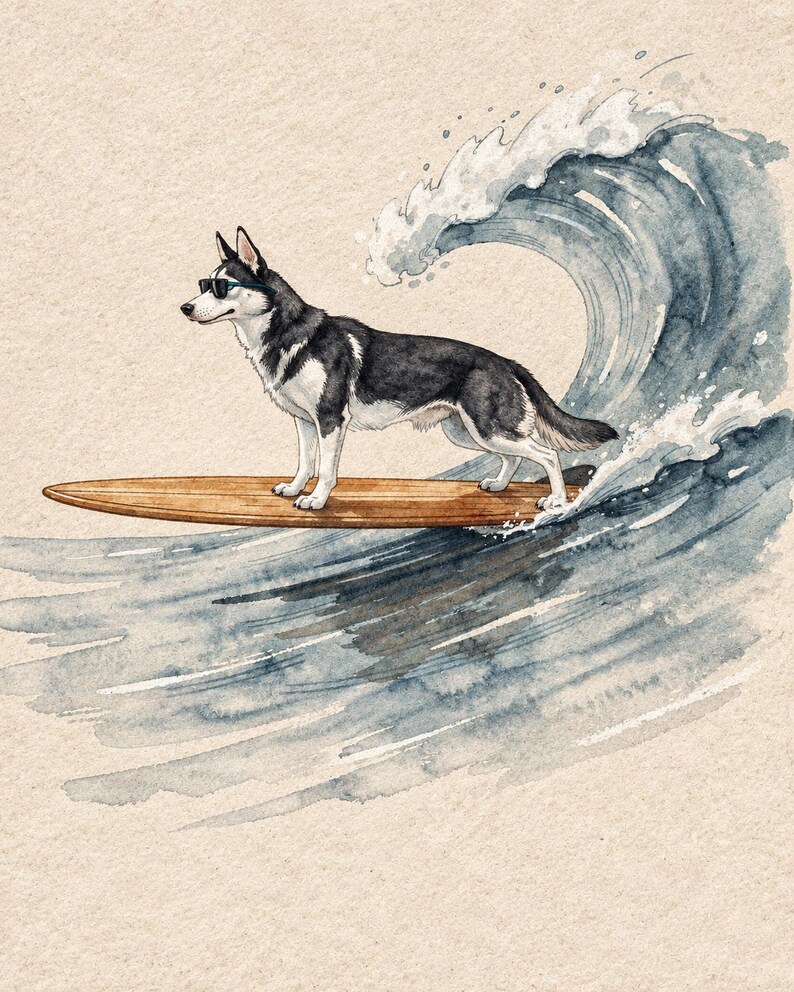 Full approved Husky surfing artwork in muted blue-gray watercolor style, shown without a room setting. Paper margins depend on chosen print size.