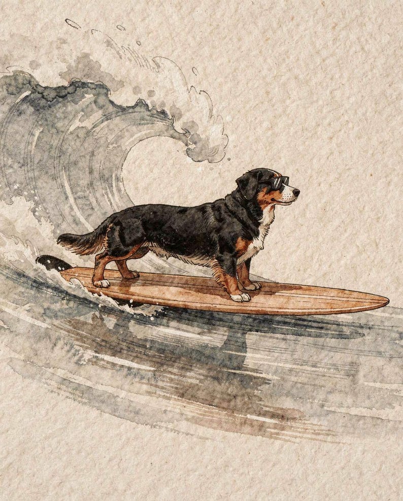 Bernese Mountain Dog Print, Surfing Dog Art, Cute Coastal Nursery Decor, Dog Lover Gift, Printable Wall Art Digital Download image 2
