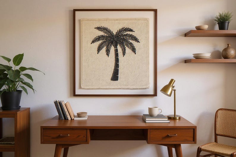 Palm Tree Embroidered Patch Print framed in a home office setting