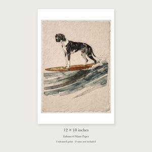 Great Dane Surfing unframed 12 by 18 inch print on enhanced matte paper, shown with its white paper border.