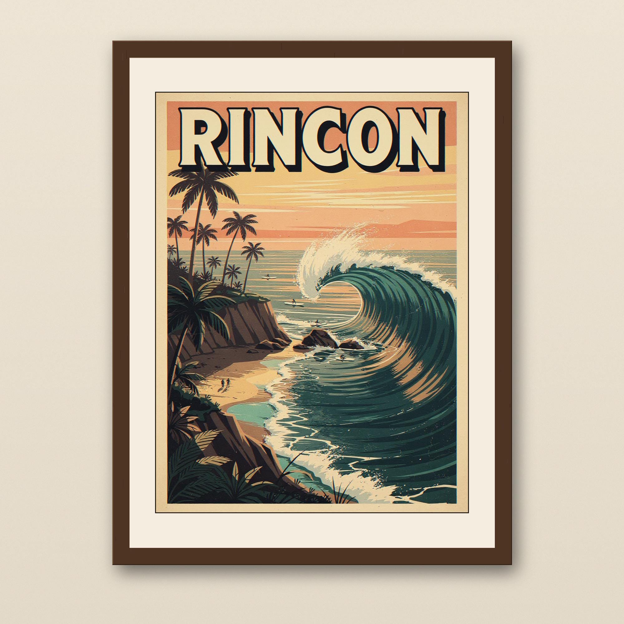 Rincon California Surf Poster - walnut framed art print with cream mat on plaster wall