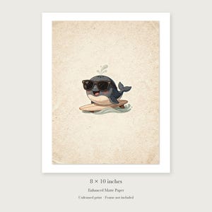 Whale Surfing unframed 8 by 10 inch print on enhanced matte paper, shown with its white paper border.