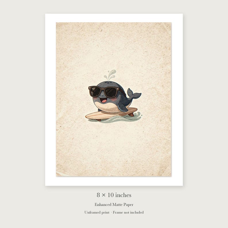 Whale Surfing unframed 8 by 10 inch print on enhanced matte paper, shown with its white paper border.