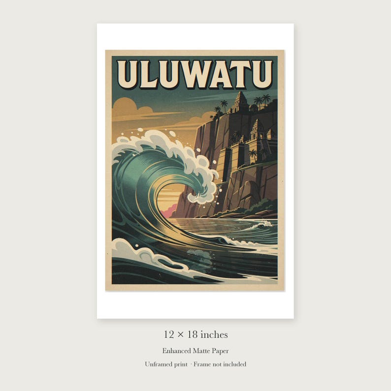 Uluwatu Bali Surf Travel Poster, Framed or Unframed Vintage Style Coastal Print image 8