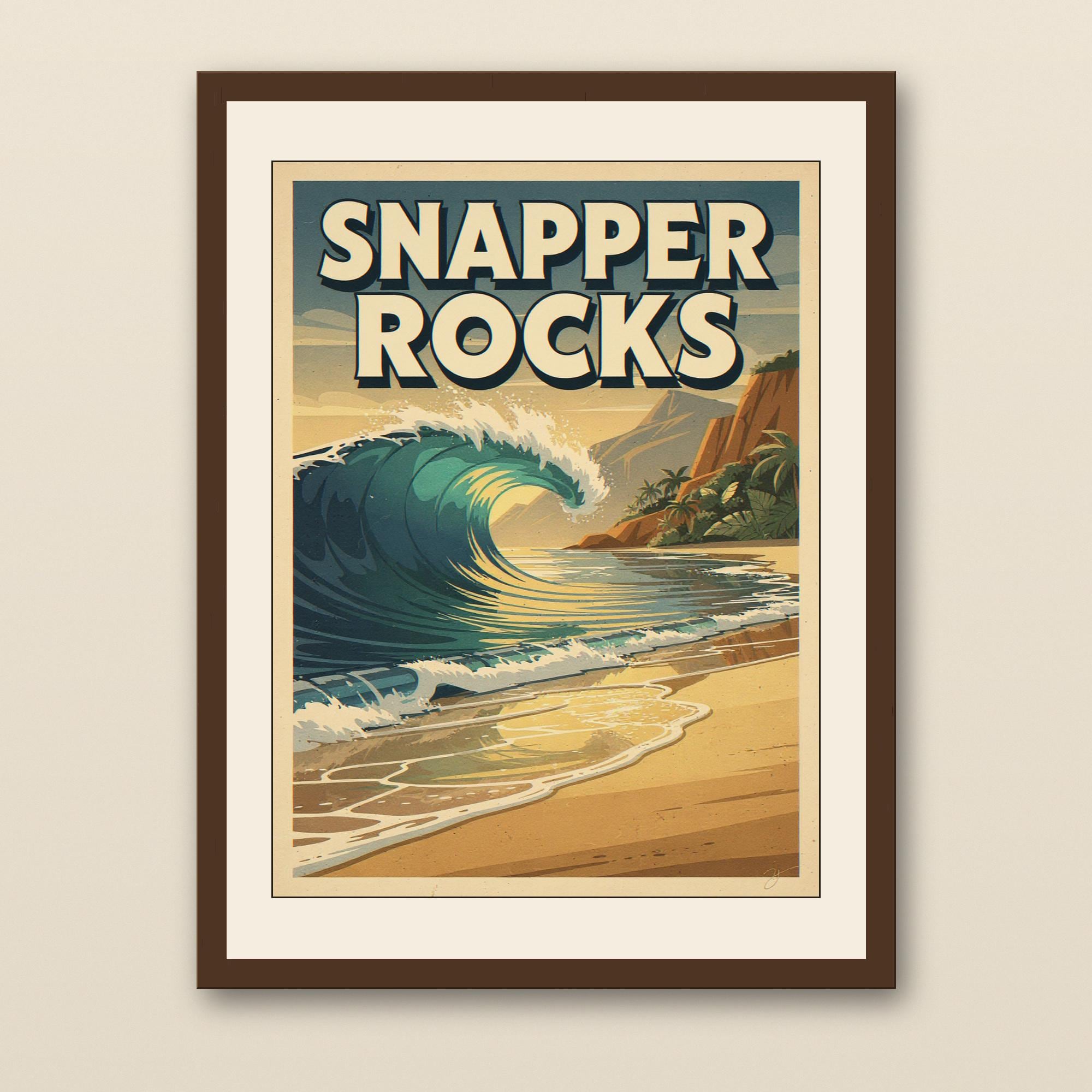 Snapper Rocks Surf Poster - walnut framed art print with cream mat on plaster wall