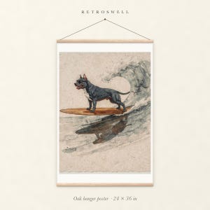 Pit Bull Surfing oak hanger poster, 24 by 36 inches, with natural wood rails and a hanging cord.