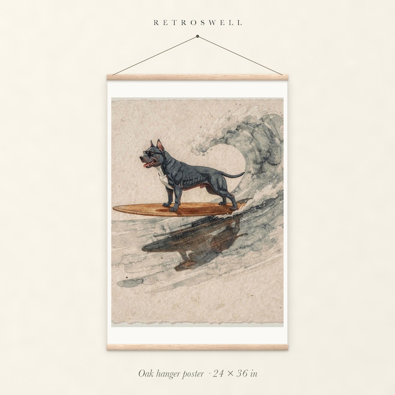 Pit Bull Surfing oak hanger poster, 24 by 36 inches, with natural wood rails and a hanging cord.