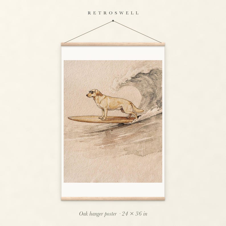 Yellow Labrador Surfing oak hanger poster, 24 by 36 inches, with natural wood rails and a hanging cord.
