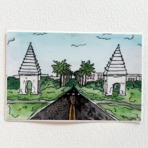 May include: A watercolor illustration of a road leading to two white archways with a row of palm trees on either side.
