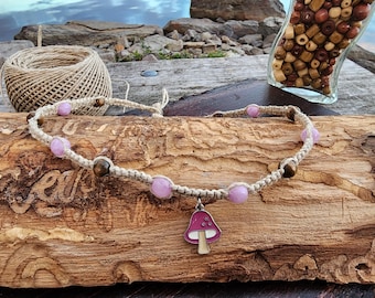 Mushroom Hemp Necklace, Boho Fairycore Jewelry, Nature, Hippie Necklace, 90s style
