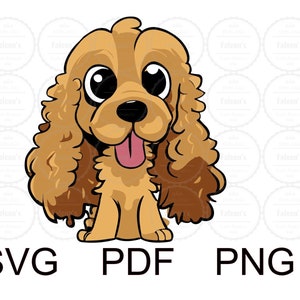 May include: A cartoon illustration of a brown and white cocker spaniel with big brown eyes and a pink tongue sticking out. The dog is looking to the right.