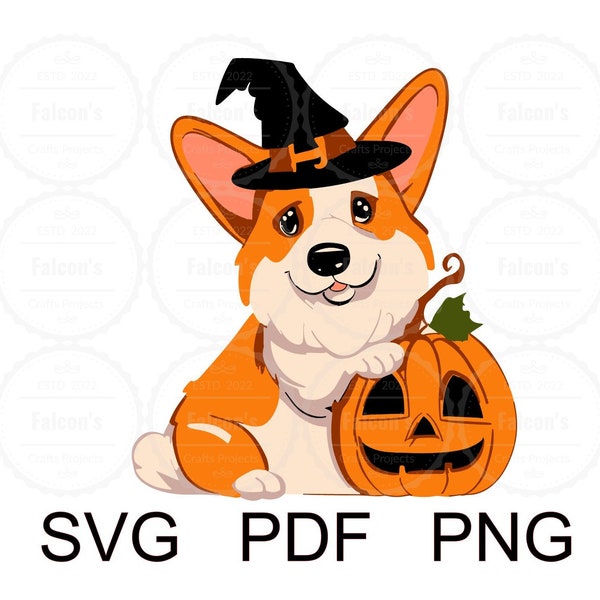 Corgi Dog SVG, Halloween Corgi, Corgi dog with pumpkin and witch hat, Layered - PNG - Vector -Art - cricut - silhouette studio - cut file