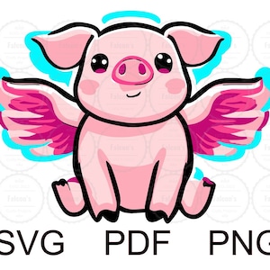 May include: A pink pig with wings, the wings are pink and have a blue outline. The pig is smiling and has big eyes.
