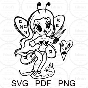 May include: Black and white line art illustration of a fairy with butterfly wings, a heart-shaped face, and a snake at her feet. The fairy is wearing a bikini top with hearts and a skirt. The fairy is holding a sword in her right hand.
